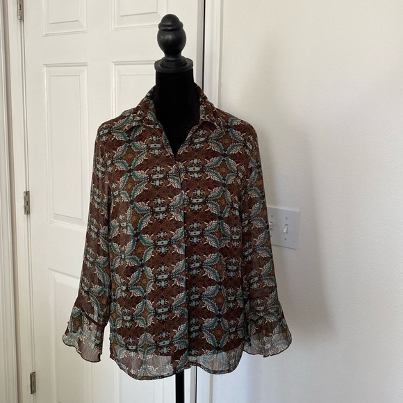 Notations Y2K bohemian collared top with bell sleeves. - Picture 1 of 12
